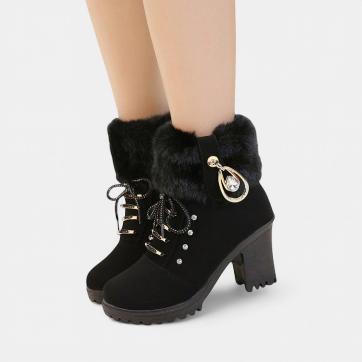 Women's Fur Lined Ankle Boots, Faux Fur Block Heel