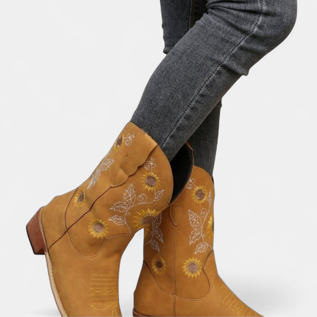 Women's Cowboy Boots, Square Toe Sunflower Embroidered