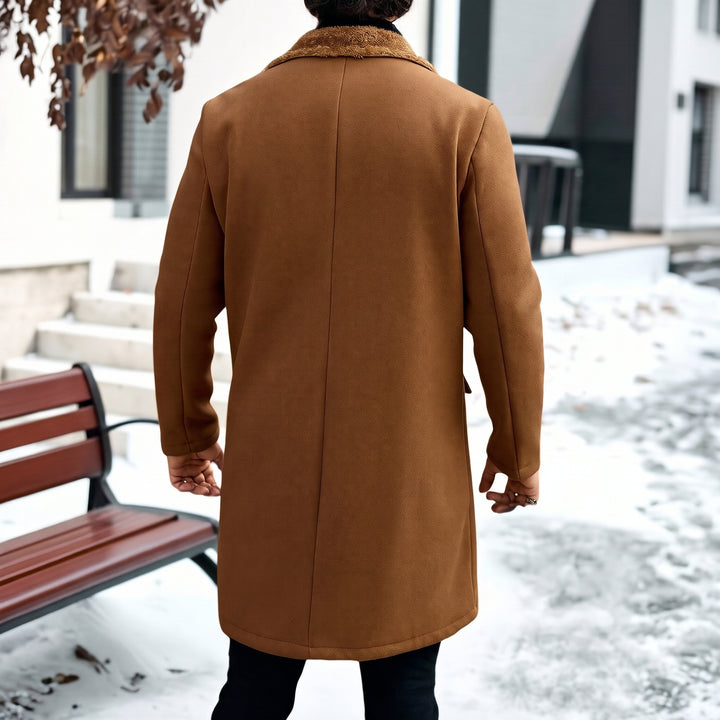 Men's Long Double Breasted Peacoat, Fur Collar Fleece Fuzzy