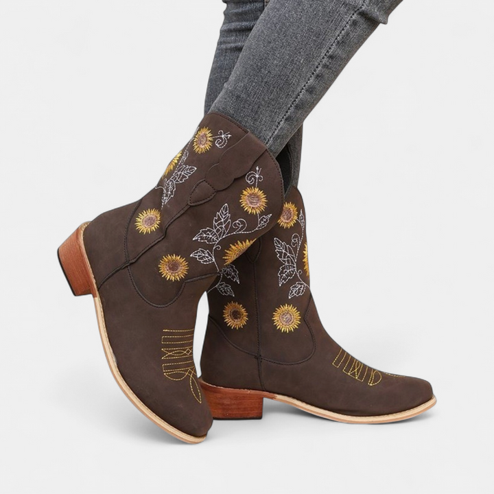 Women's Cowboy Boots, Square Toe Sunflower Embroidered
