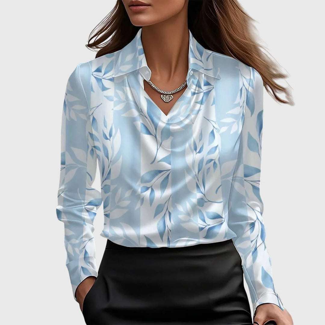 Women's Satin Long Sleeve Blouse in light blue leaf print