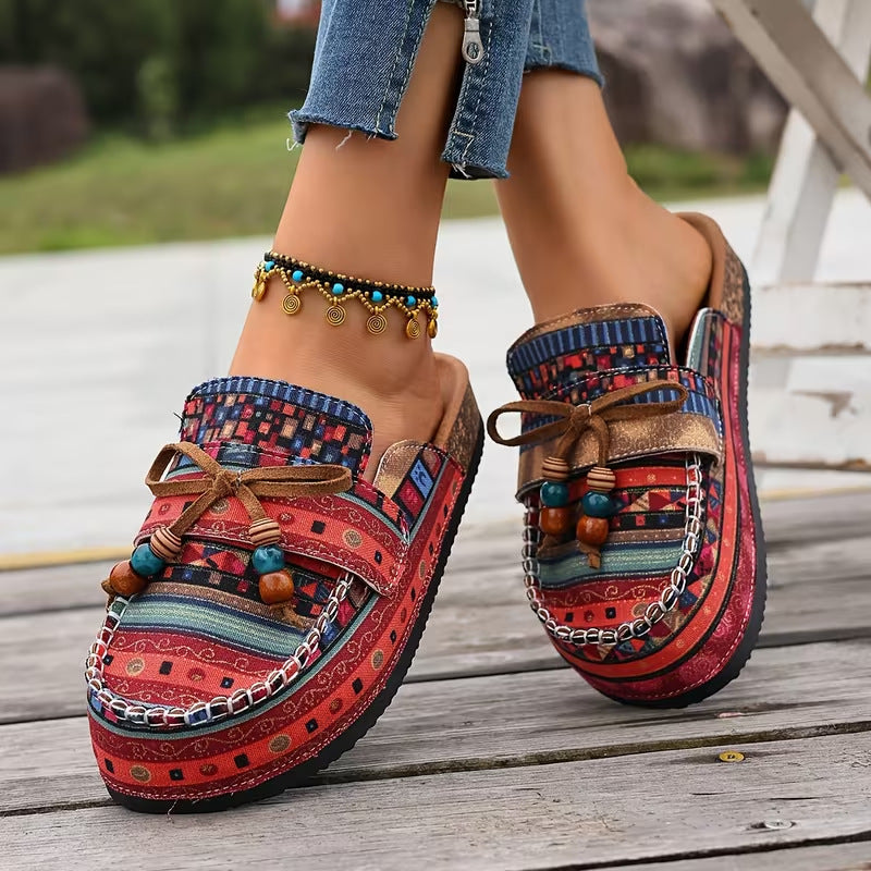 Women's Moccasin Orthopedic Shoes in red boho print mule
