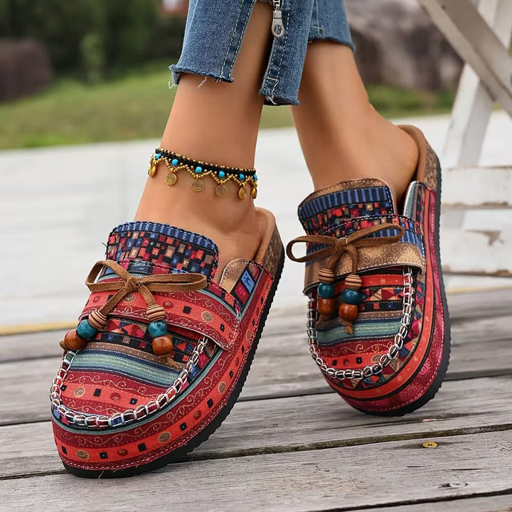 Women's Moccasin Orthopedic Shoes in red boho print mule