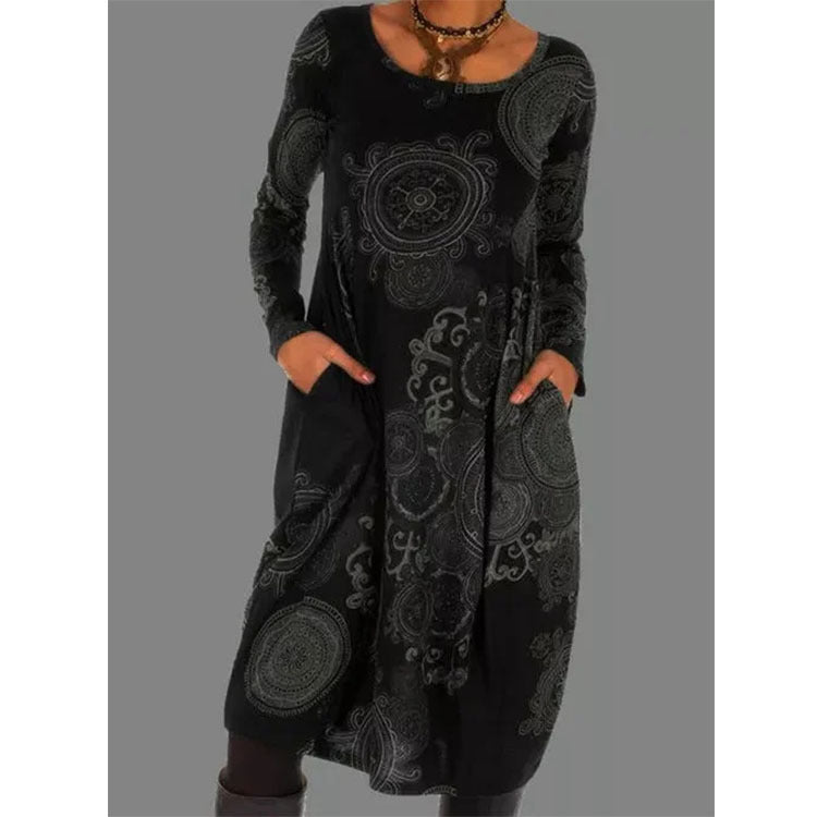 Women's Midi Long Sleeve Dress in black grey print