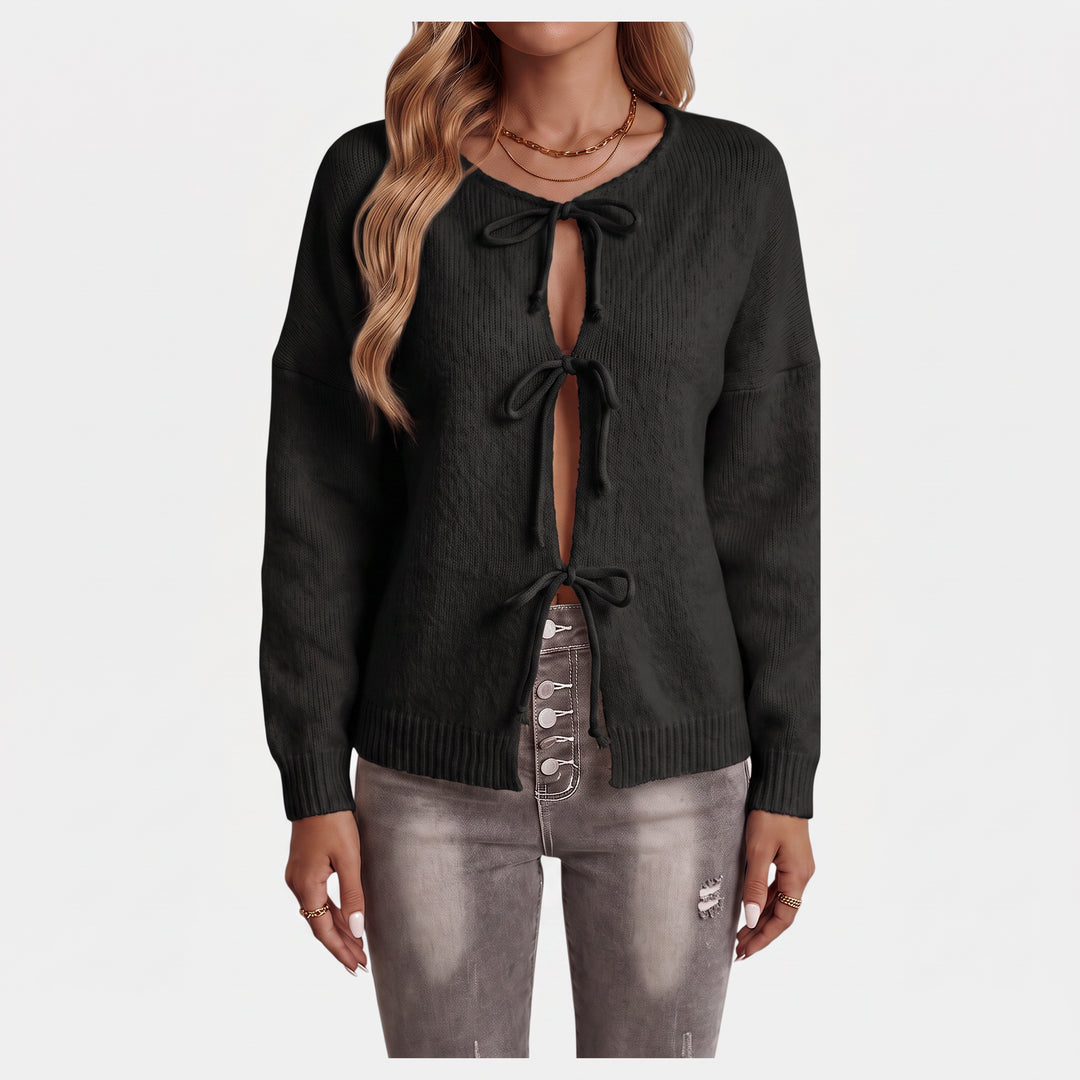 Women's Knit Oversized Cardigan, Tie Front Hip Length