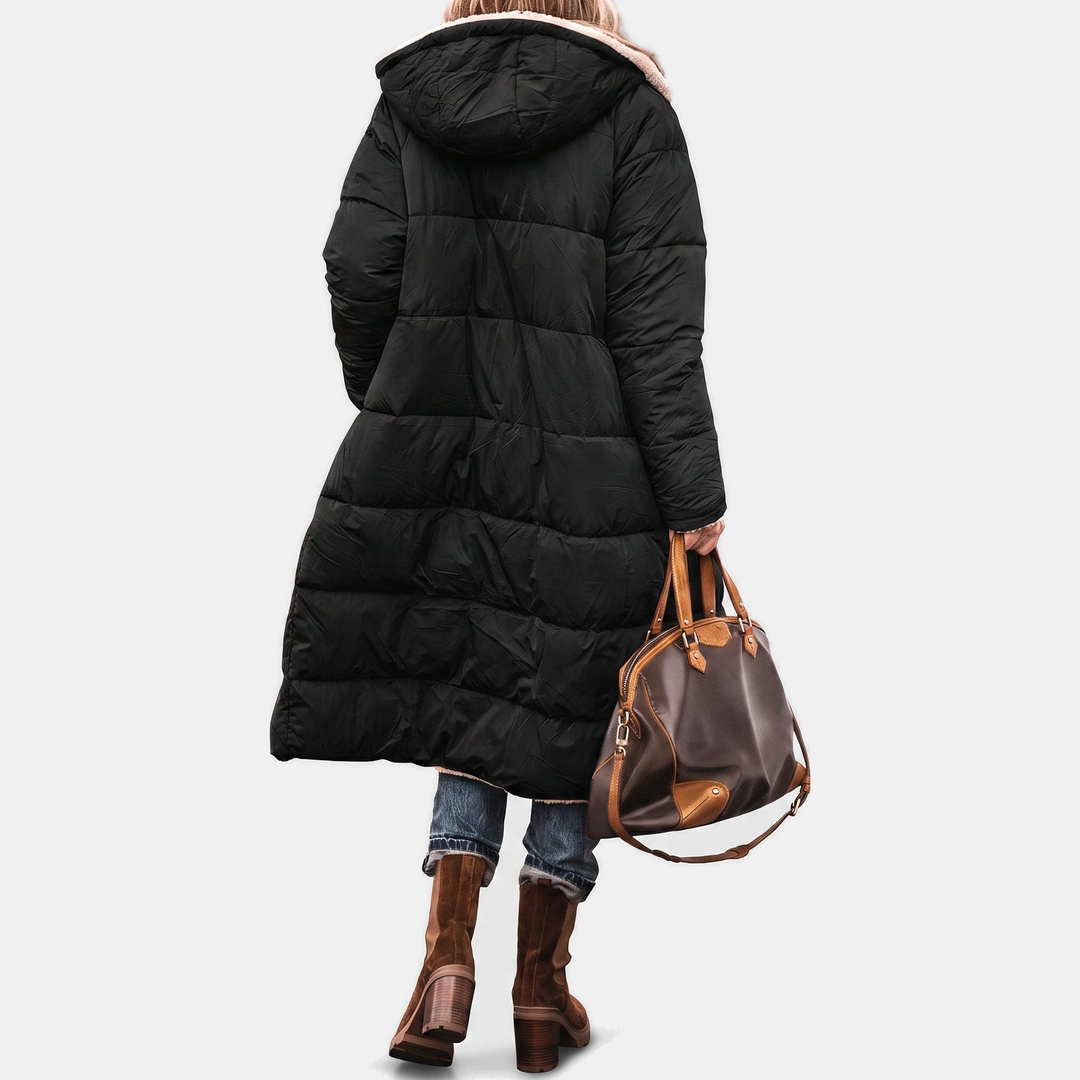 Women's Long Wool Quilted Coat, Side Pockets Sherpa Lining