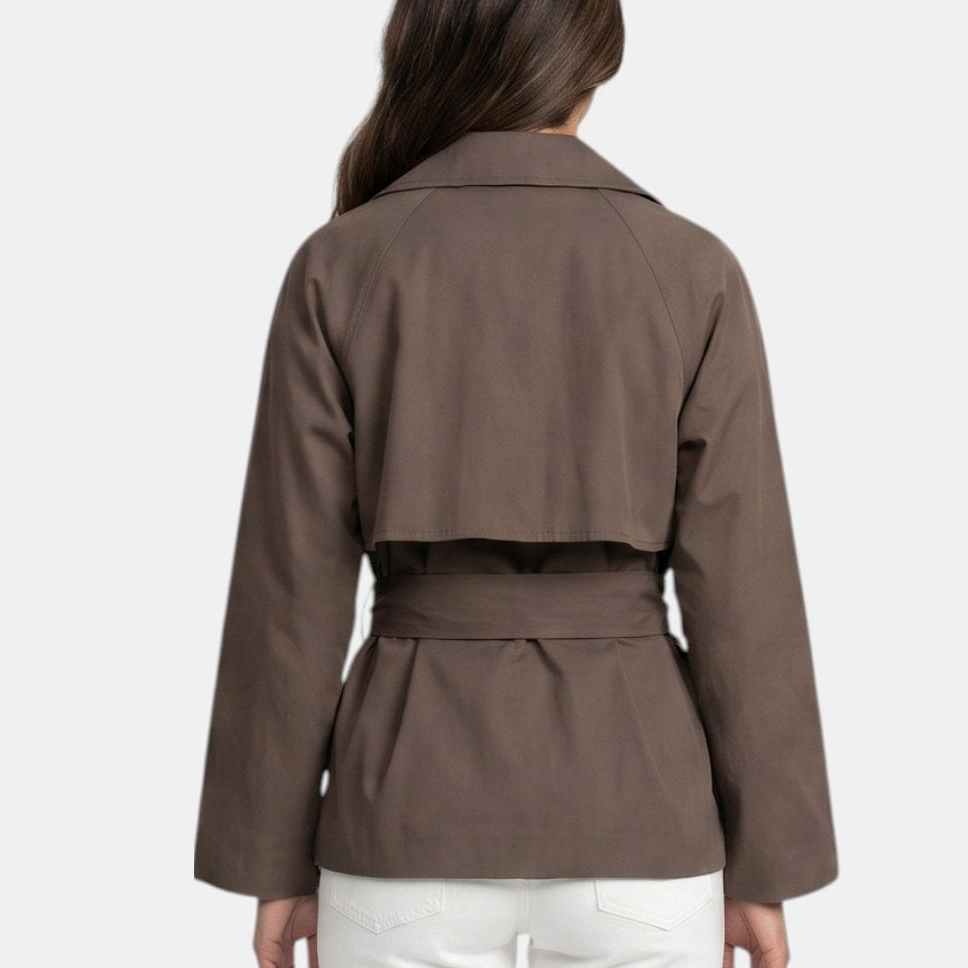 Women's Cropped Double Breasted Trench Coat, Belted Waist Notch Lapel