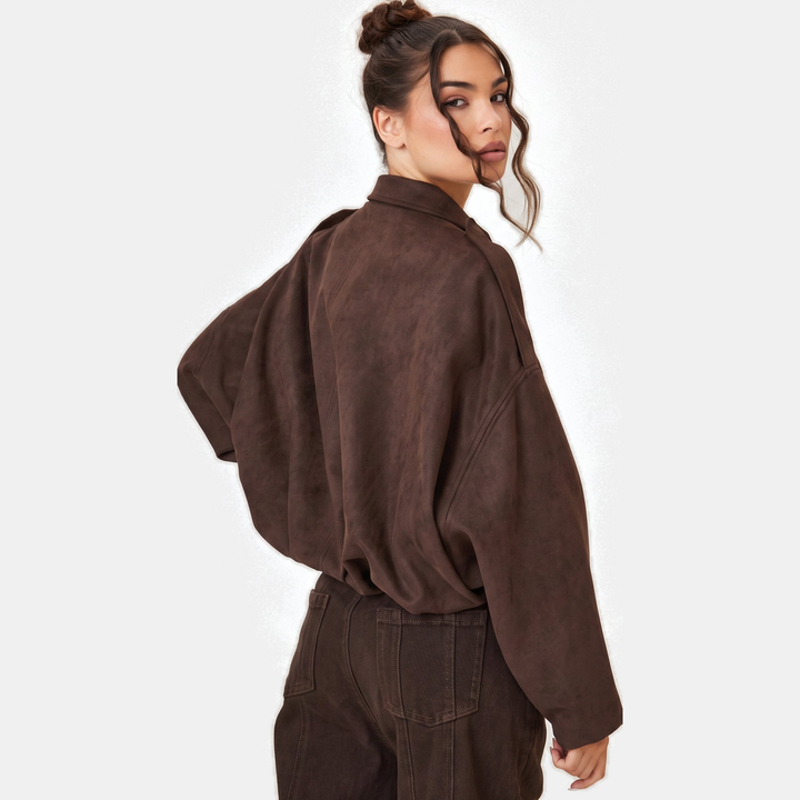 Women's Oversized Suede Bomber Jacket, Button Front