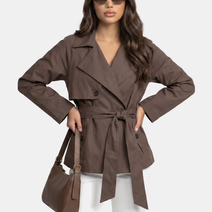 Women's Cropped Double Breasted Trench Coat, Belted Waist Notch Lapel