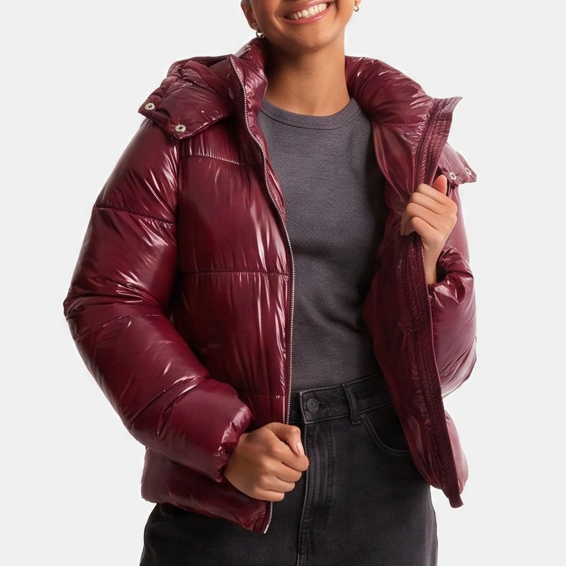 Women's Winter Cropped Puffer Jacket, Zip Front Side Pockets