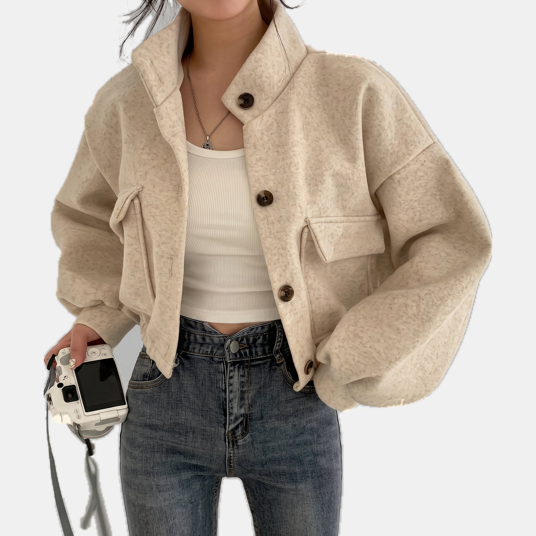 Women's Oversized Leather Cropped Bomber Jacket, Stand Collar