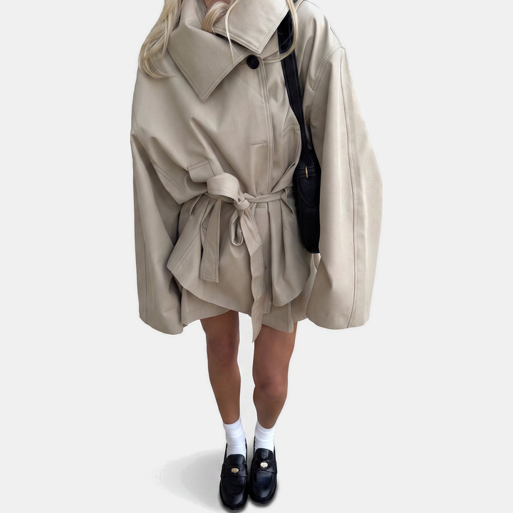Women's Oversized Short Cape Coat, Belted Tie Waist
