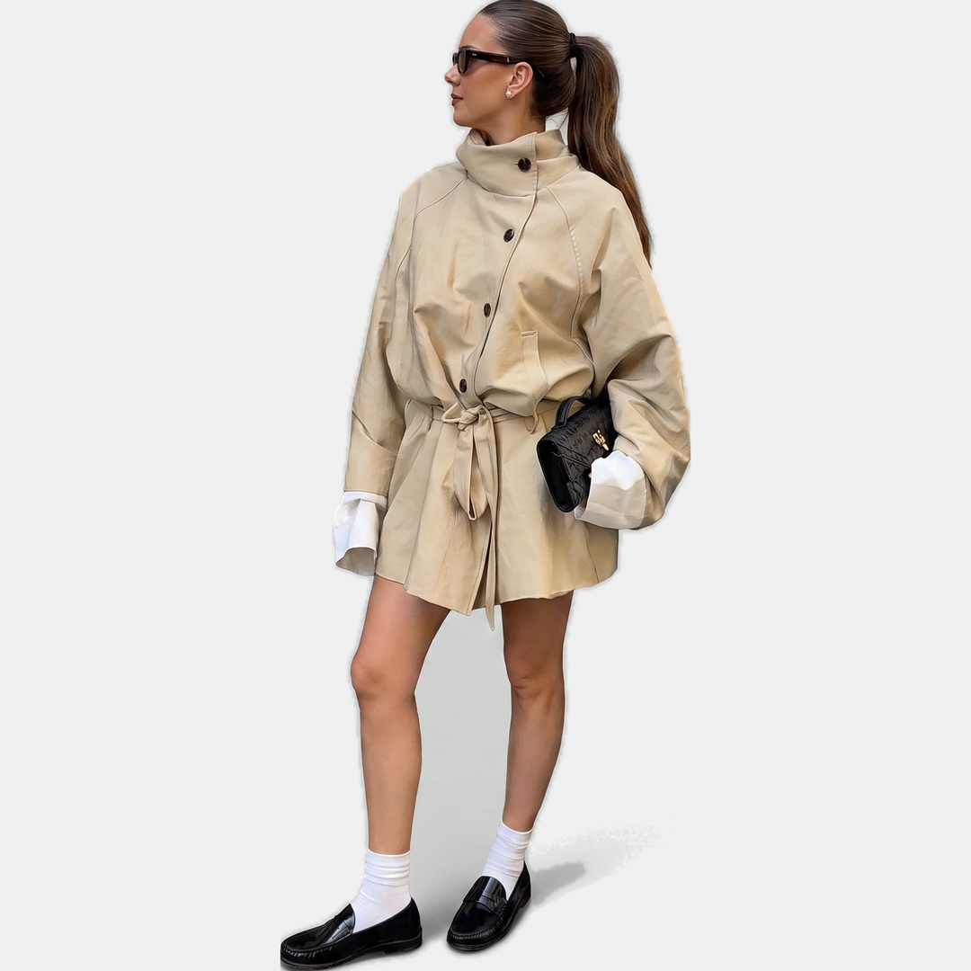 Women's Oversized Short Cape Coat, Belted Tie Waist