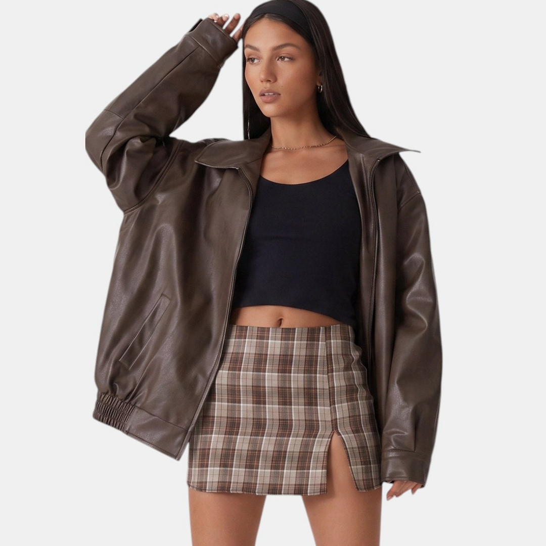 Women's Oversized Leather Bomber Jacket, Zip Front