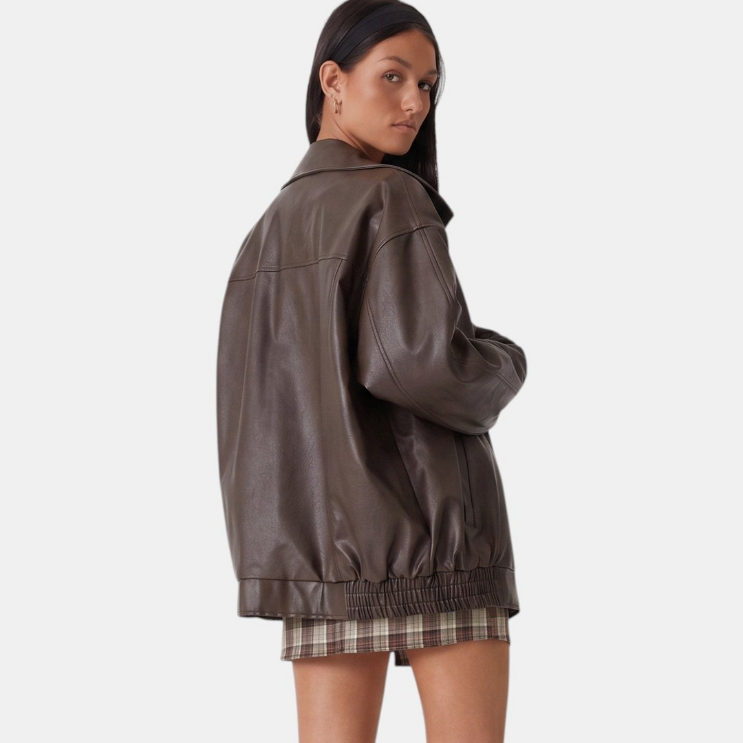 Women's Oversized Leather Bomber Jacket, Zip Front