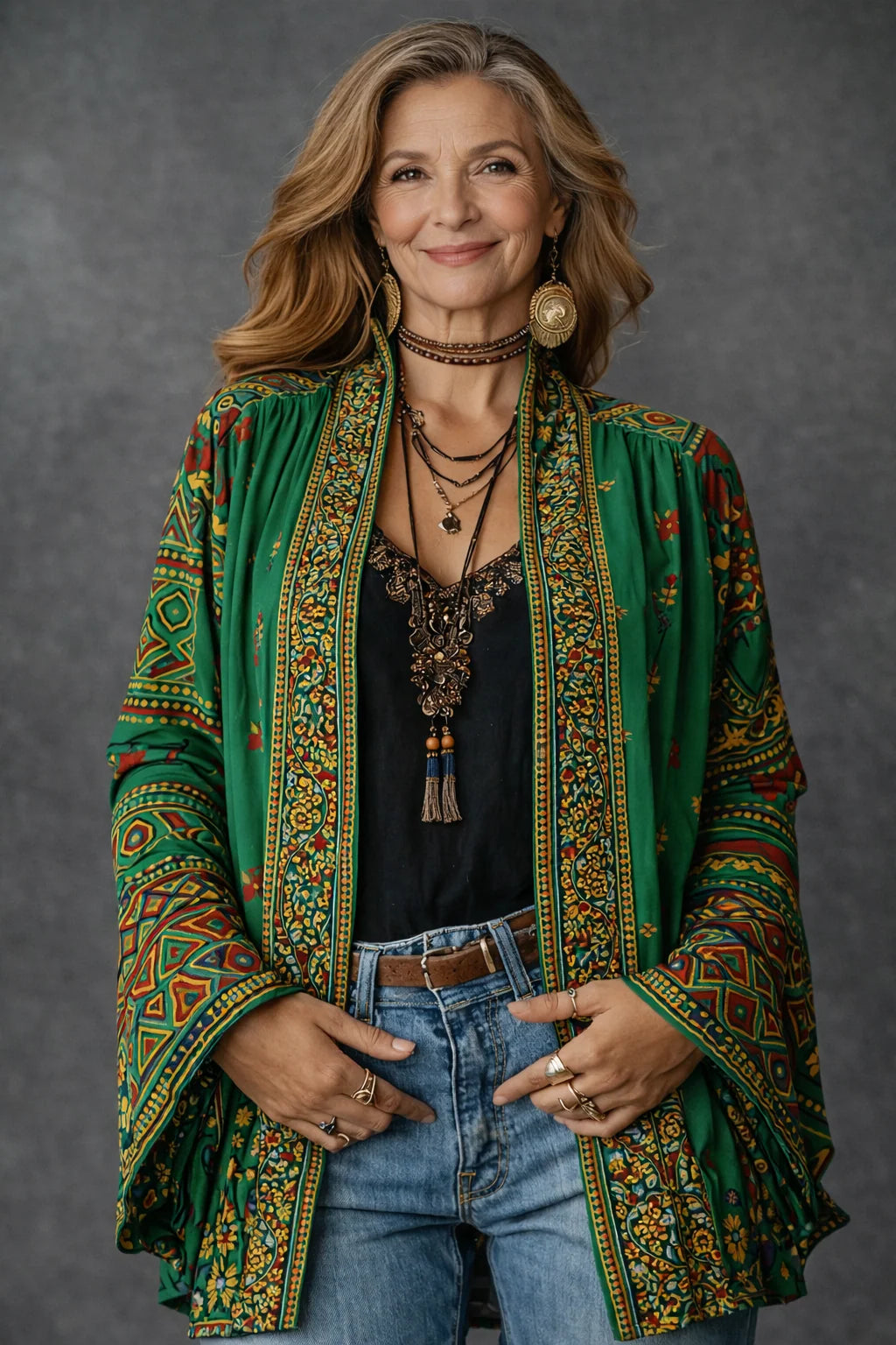 Women's Boho Oversized Cardigan in forest green print
