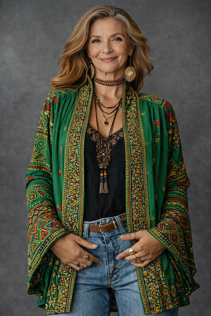 Women's Boho Oversized Cardigan in forest green print