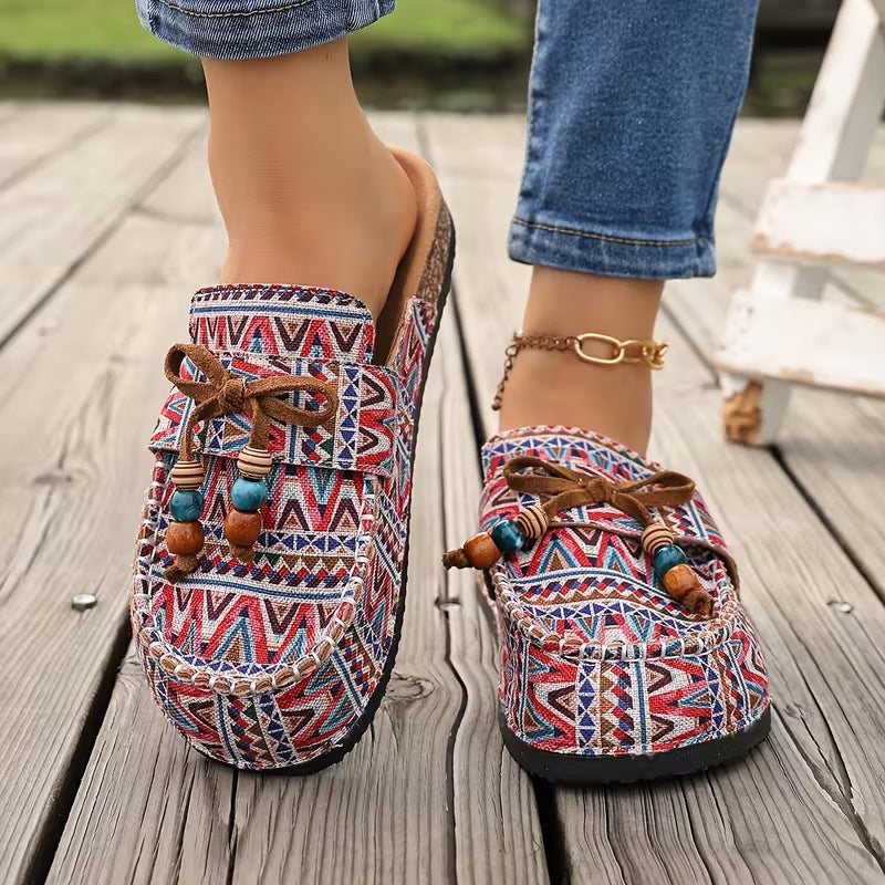 Women's Moccasin Orthopedic Shoes in pink zigzag print mule