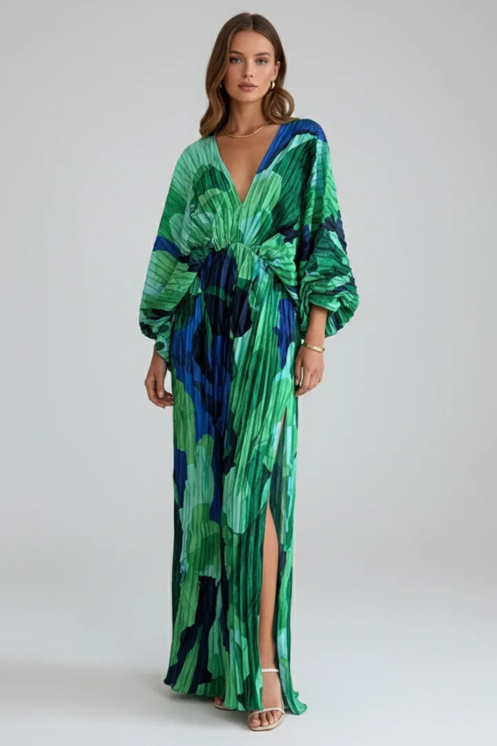 Women's Long Sleeve Maxi Dress in green print
