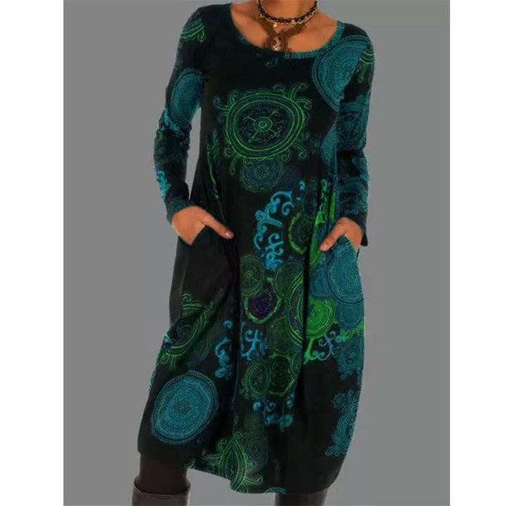 Women's Midi Long Sleeve Dress in black teal print