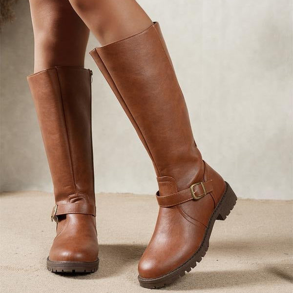 Women's Riding Knee High Boots, Buckle Strap Side Zip