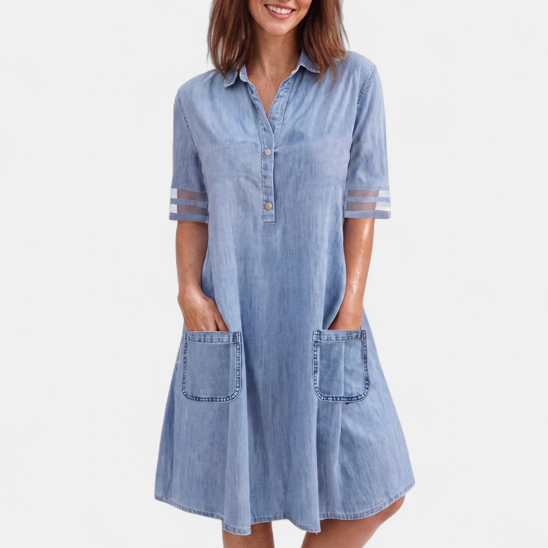 Women's Denim Midi Shirt Dress, Short Sleeve Collared