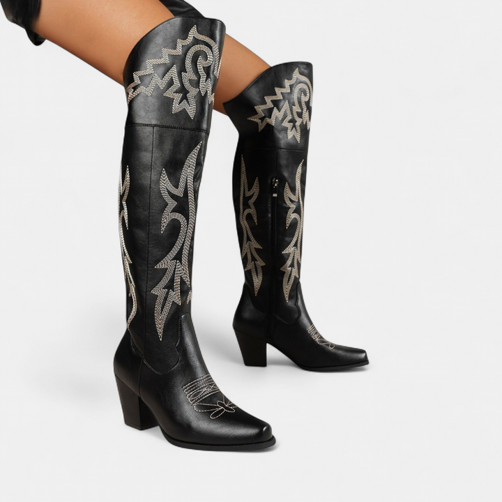 Women's Over The Knee Cowboy Boots, Embroidered Block Heel