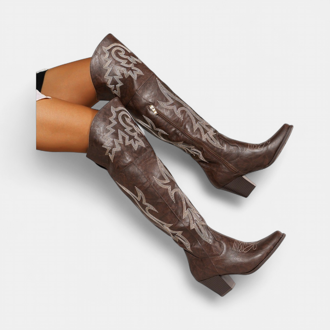 Women's Over The Knee Cowboy Boots, Embroidered Block Heel