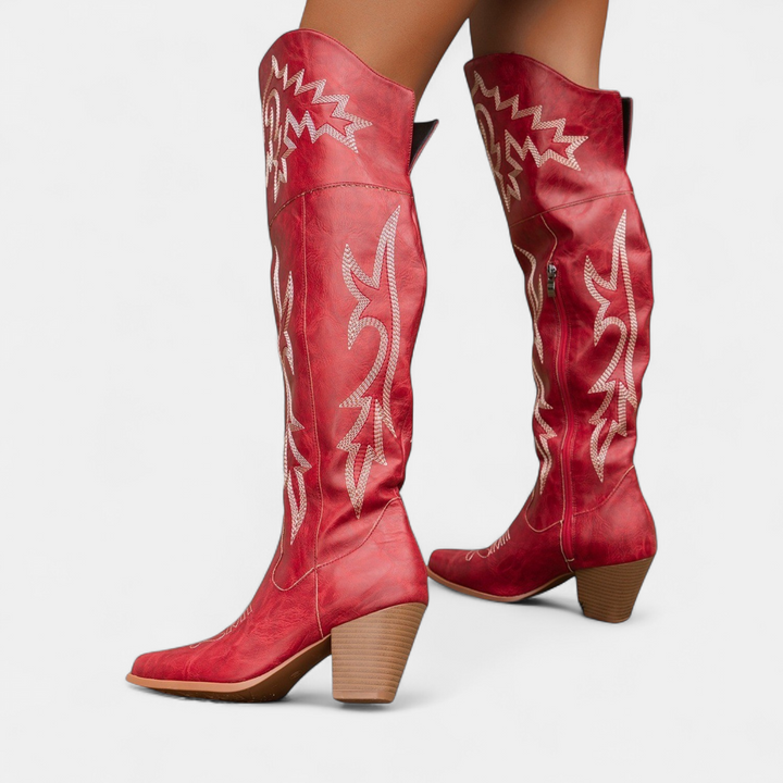 Women's Over The Knee Cowboy Boots, Embroidered Block Heel