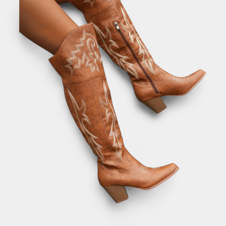Women's Over The Knee Cowboy Boots, Embroidered Block Heel