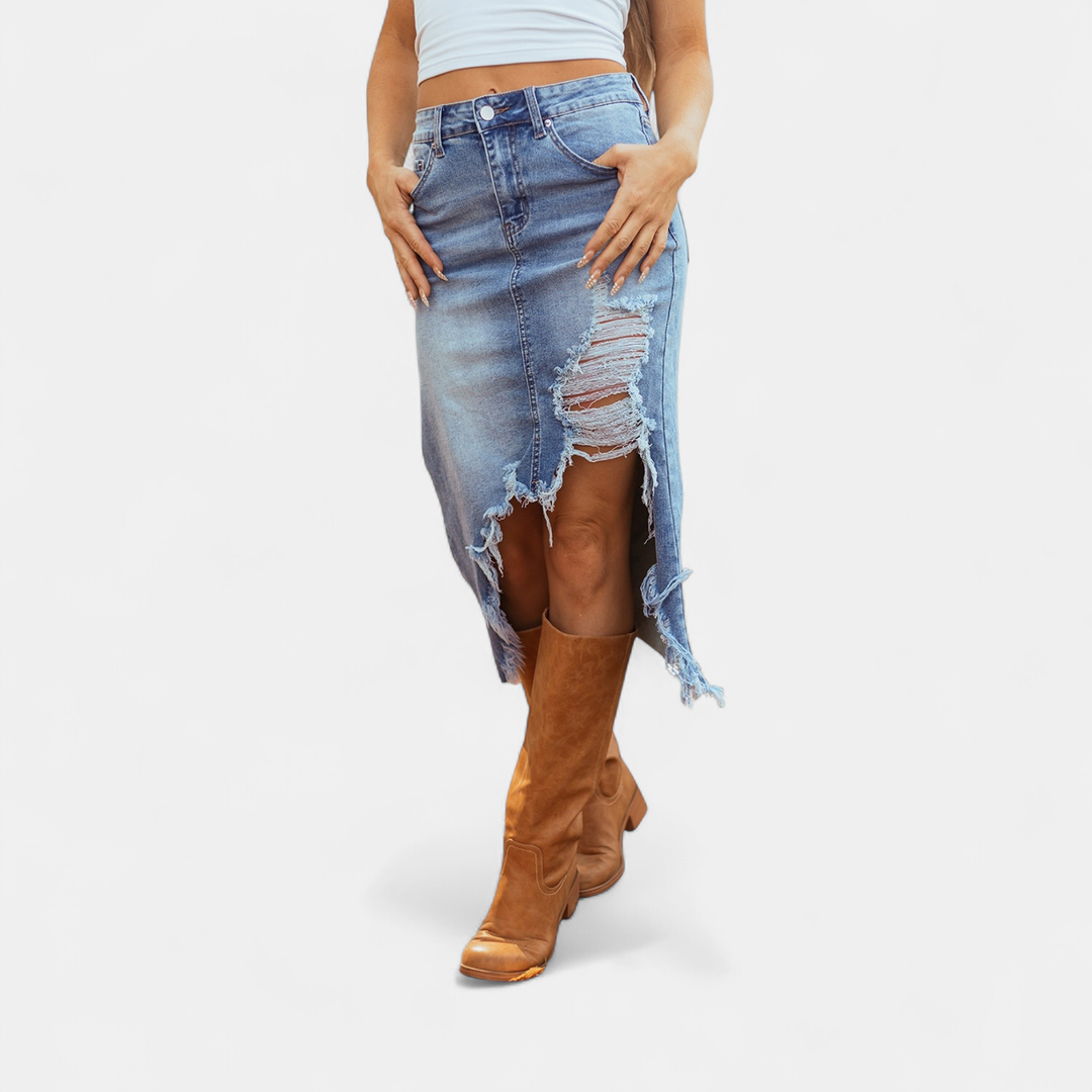 Women's Asymmetrical Denim Midi Skirt, Distressed Raw Hem