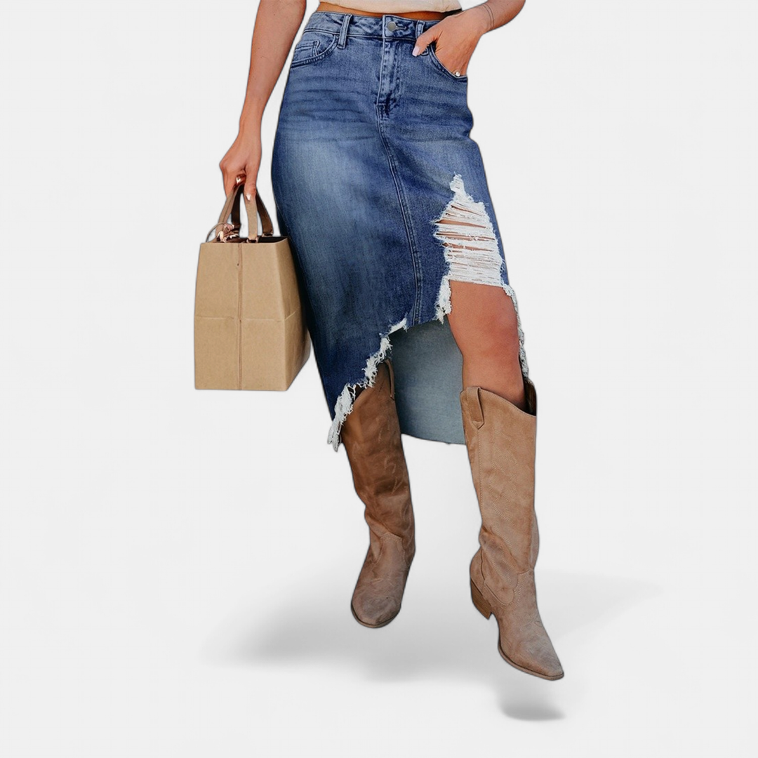 Women's Asymmetrical Denim Midi Skirt, Distressed Raw Hem
