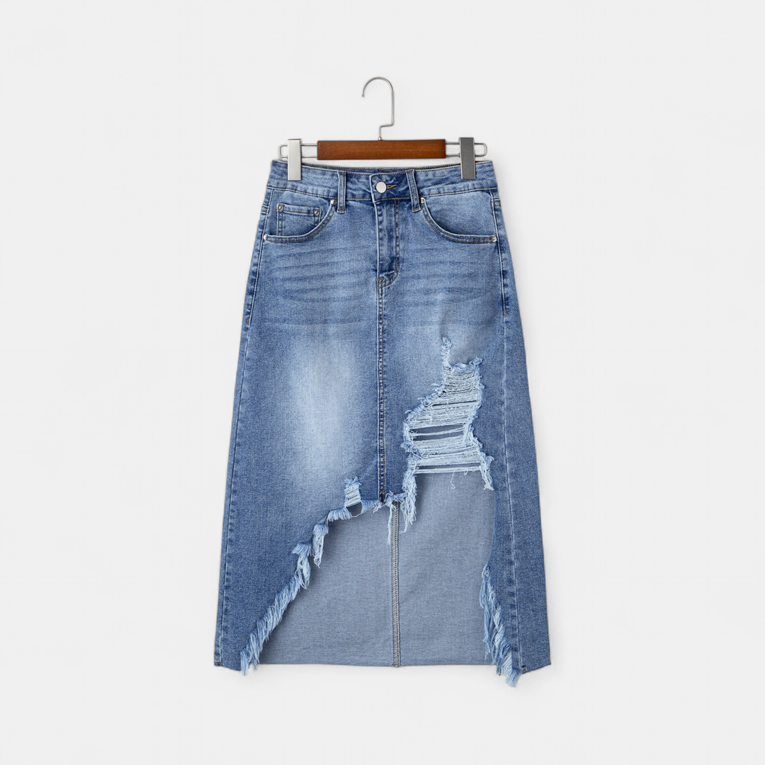 Women's Asymmetrical Denim Midi Skirt, Distressed Raw Hem