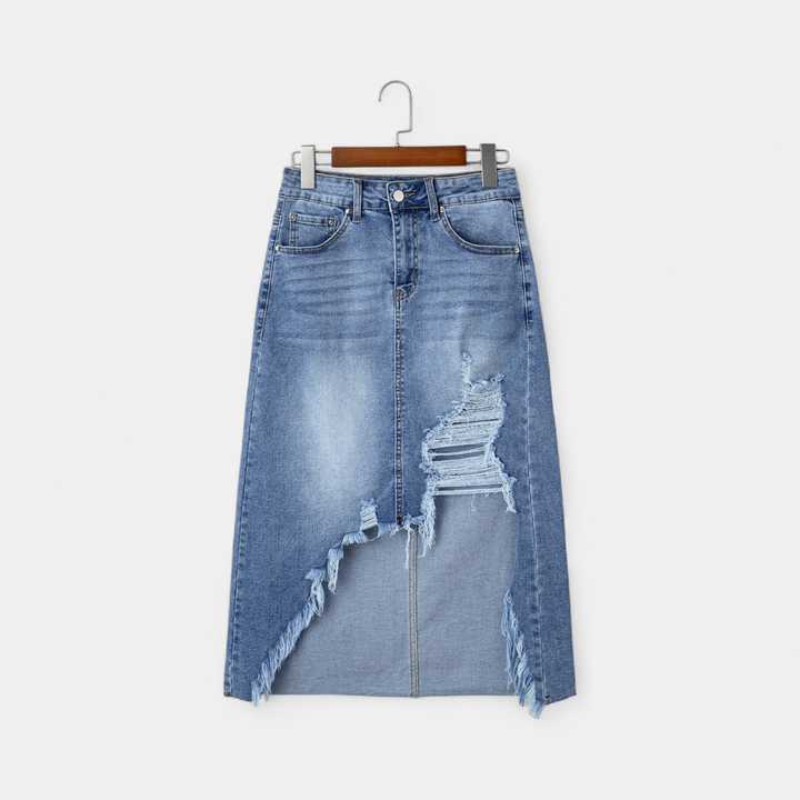 Women's Asymmetrical Denim Midi Skirt, Distressed Raw Hem
