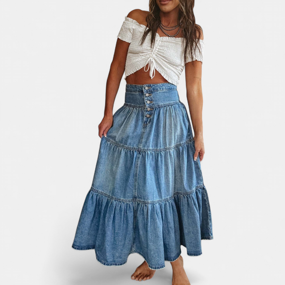 Women's A Line Denim Midi Skirt, High Waisted Tiered Boho