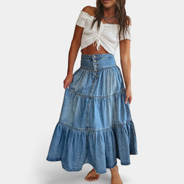 Women's A Line Denim Midi Skirt, High Waisted Tiered Boho