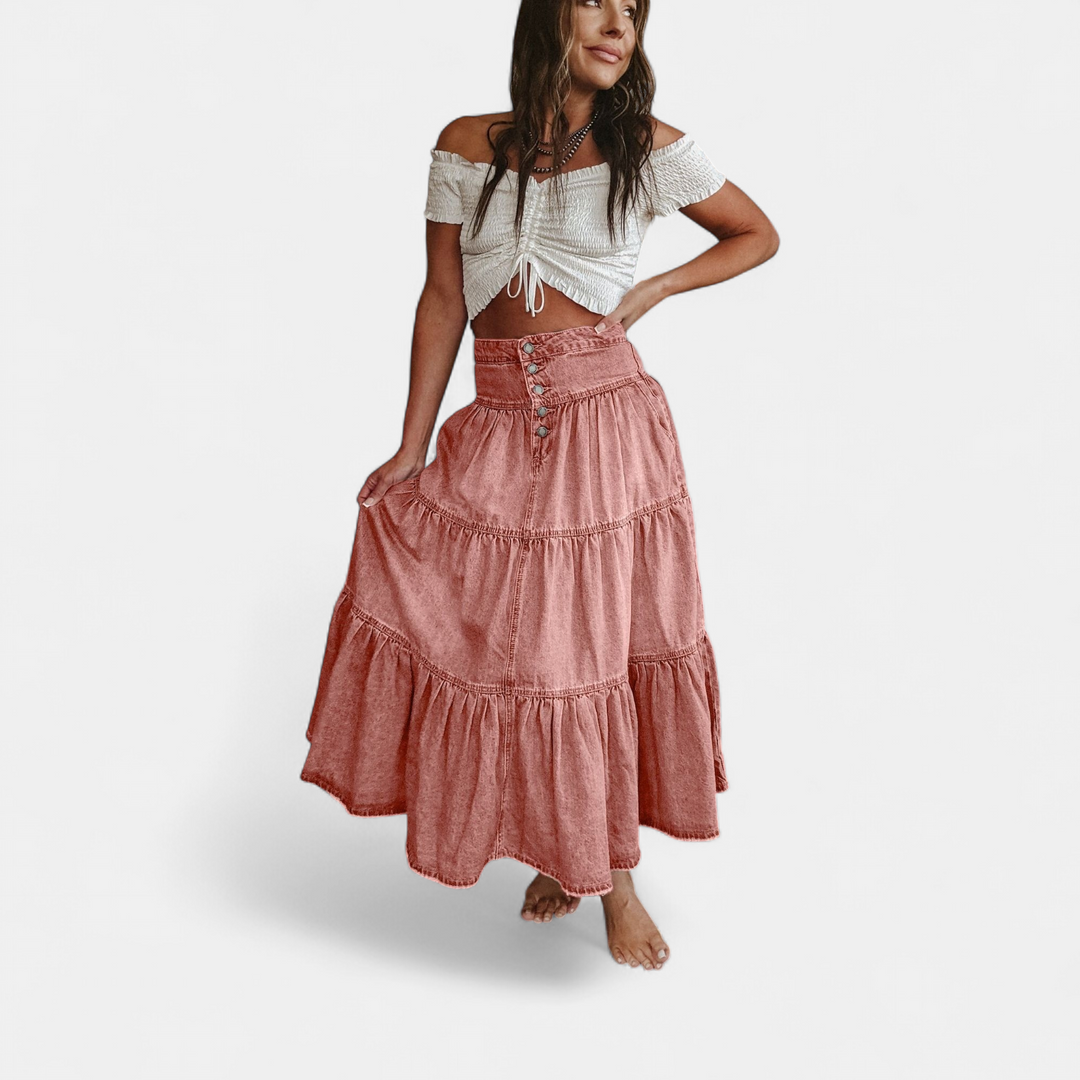 Women's A Line Denim Midi Skirt, High Waisted Tiered Boho