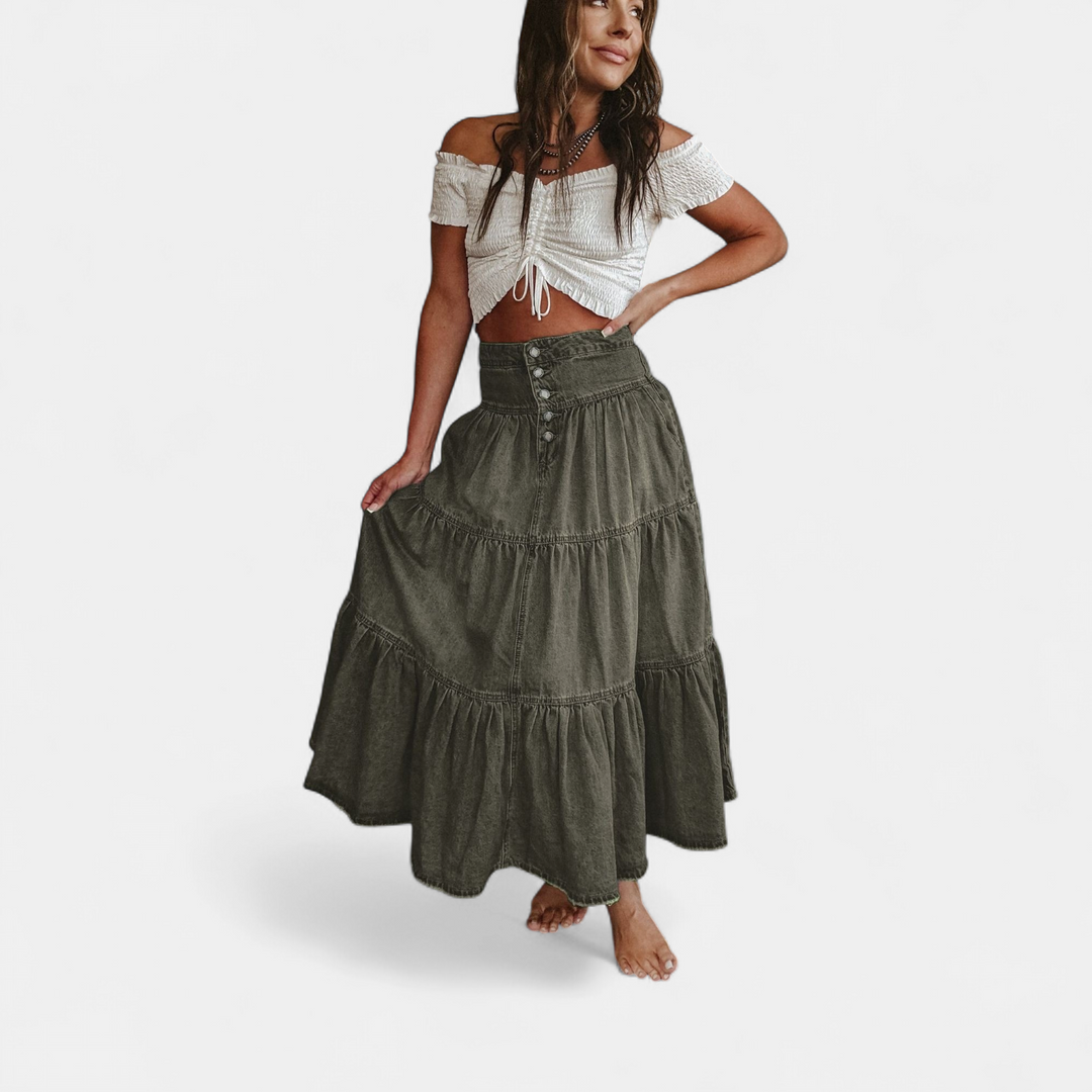 Women's A Line Denim Midi Skirt, High Waisted Tiered Boho