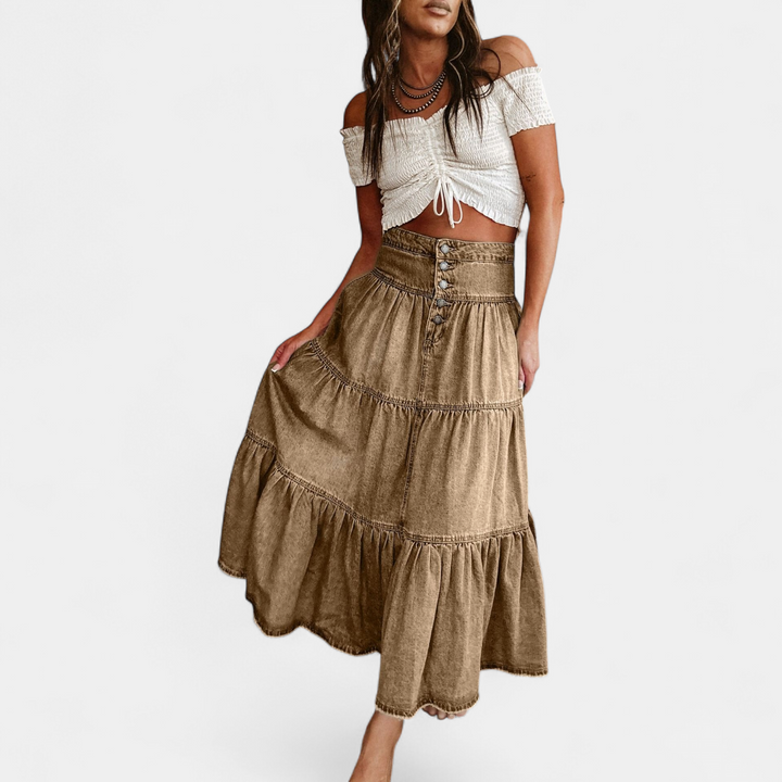 Women's A Line Denim Midi Skirt, High Waisted Tiered Boho