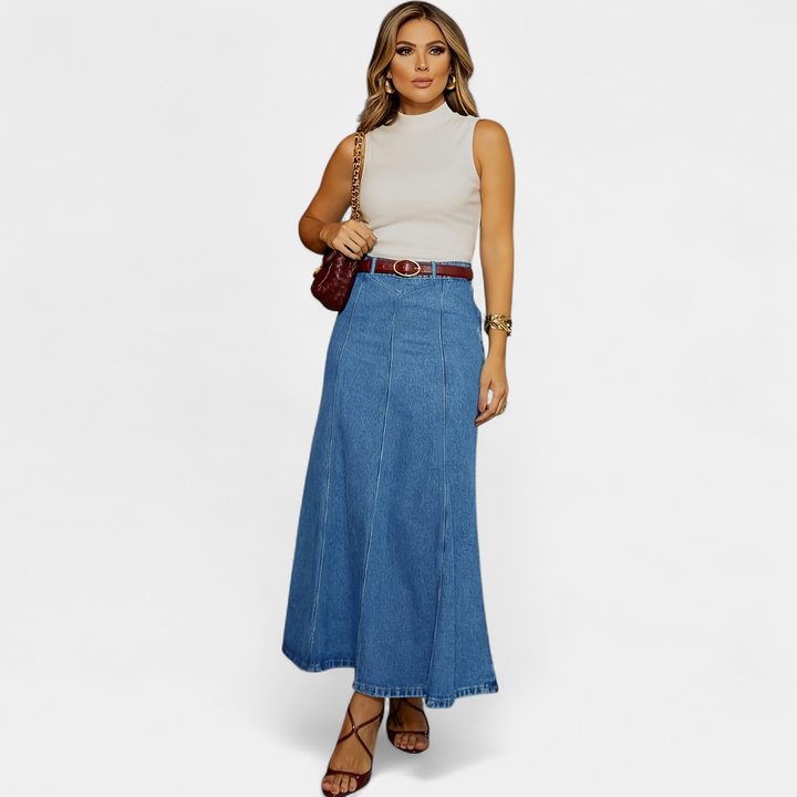Women's High Waisted A Line Denim Maxi Skirt