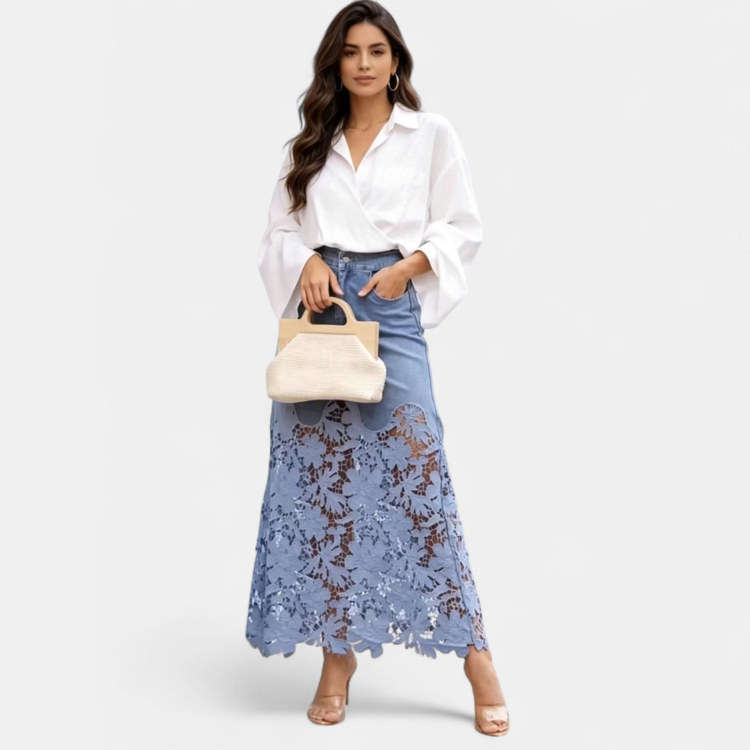 Women's High Waisted Denim Lace Panel Maxi Skirt