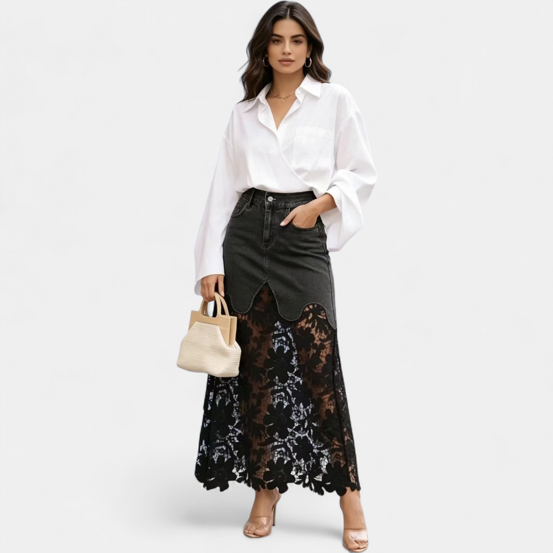 Women's High Waisted Denim Lace Panel Maxi Skirt