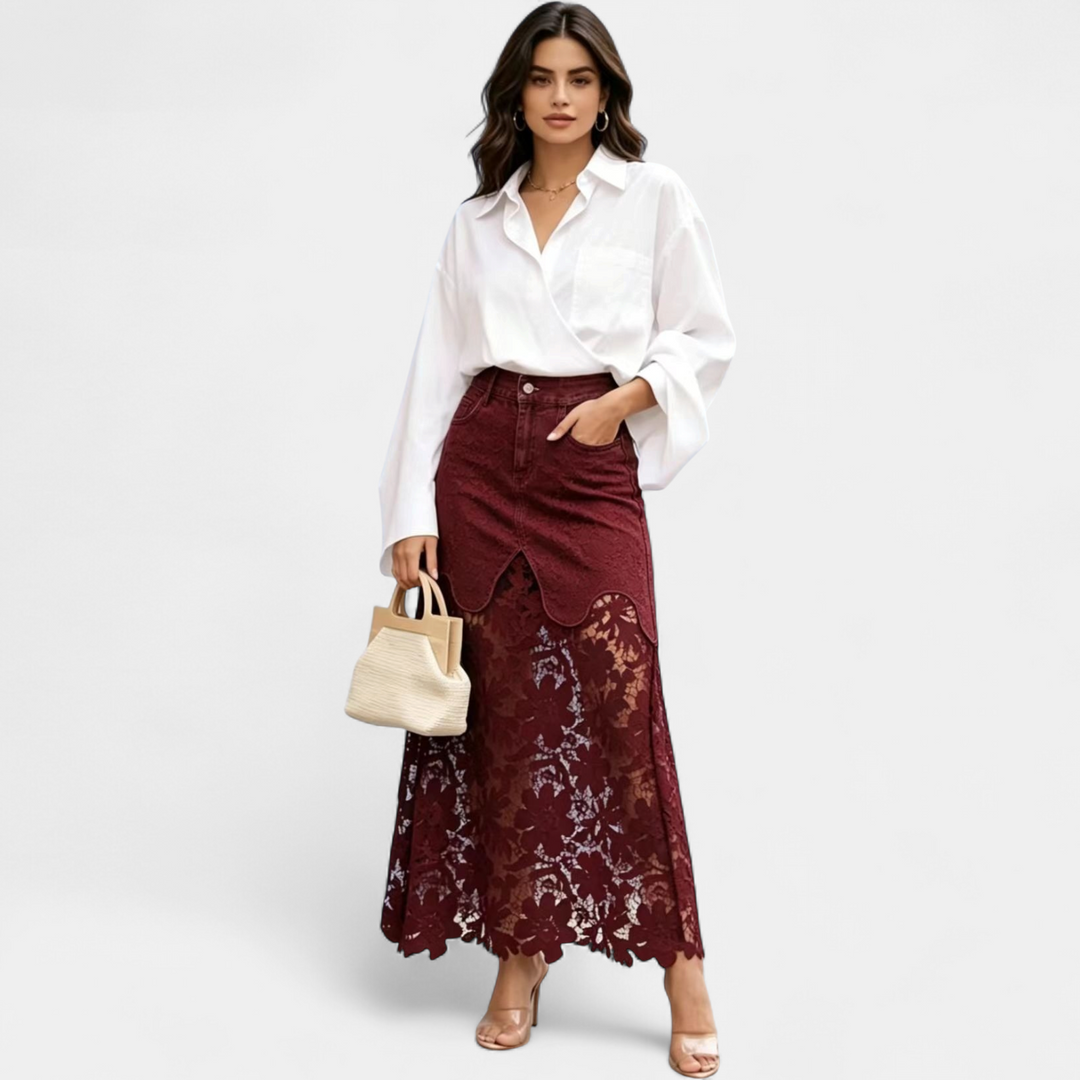 Women's High Waisted Denim Lace Panel Maxi Skirt