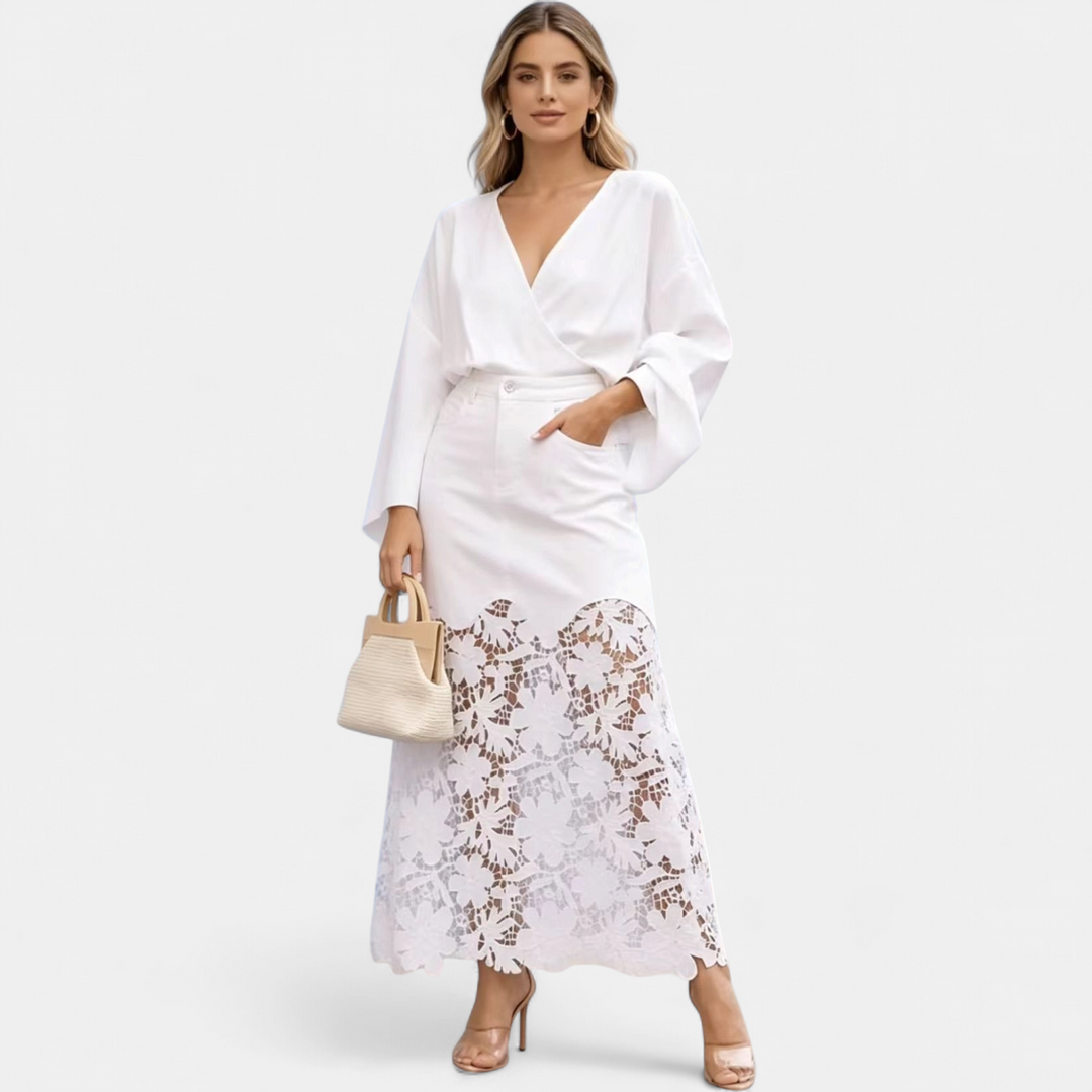 Women's High Waisted Denim Lace Panel Maxi Skirt