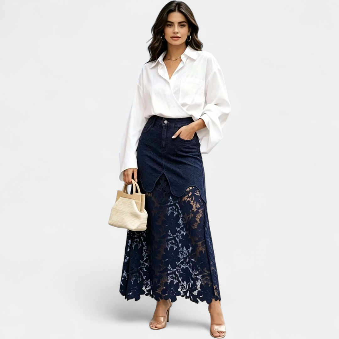 Women's High Waisted Denim Lace Panel Maxi Skirt