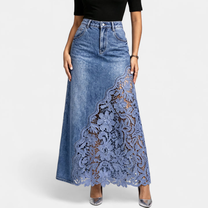 Women's High Waisted A Line Denim Maxi Skirt, Lace Panel