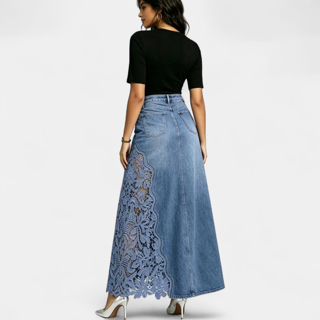 Women's High Waisted A Line Denim Maxi Skirt, Lace Panel