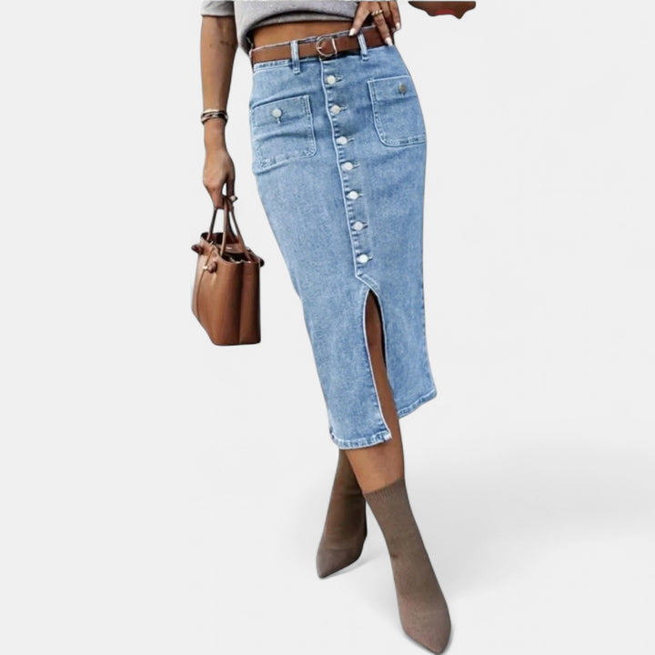 Women's Button Front Denim Midi Pencil Skirt, High Waisted