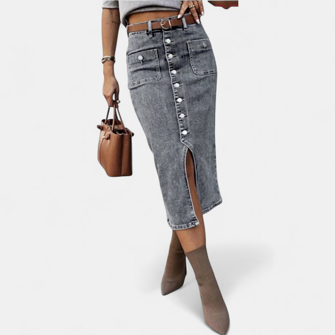 Women's Button Front Denim Midi Pencil Skirt, High Waisted