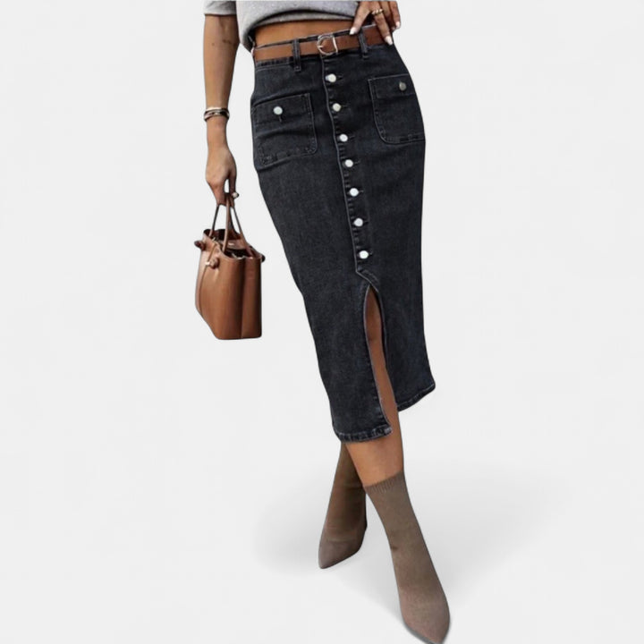 Women's Button Front Denim Midi Pencil Skirt, High Waisted
